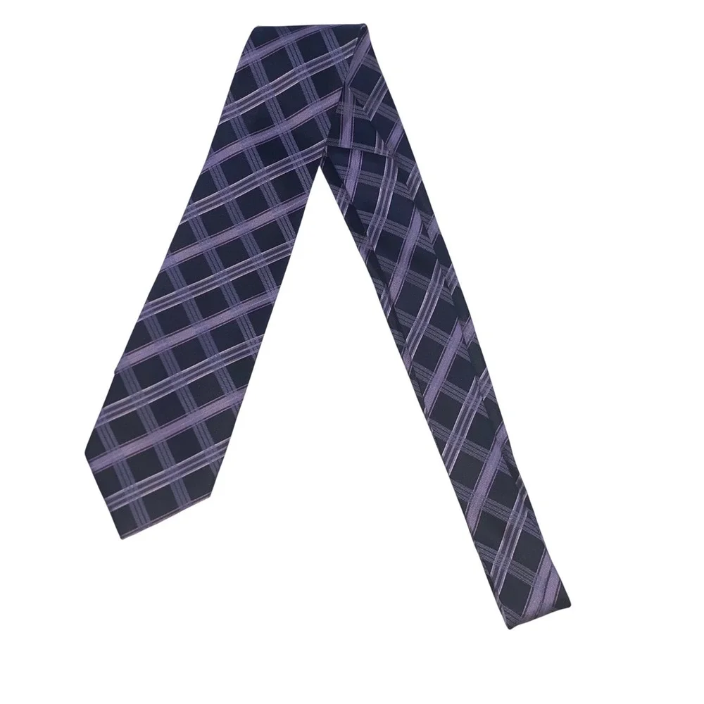 Croft & Barrow Mens Purple‎ Black Diagonal Plaid Check Handmade Polyester Tie